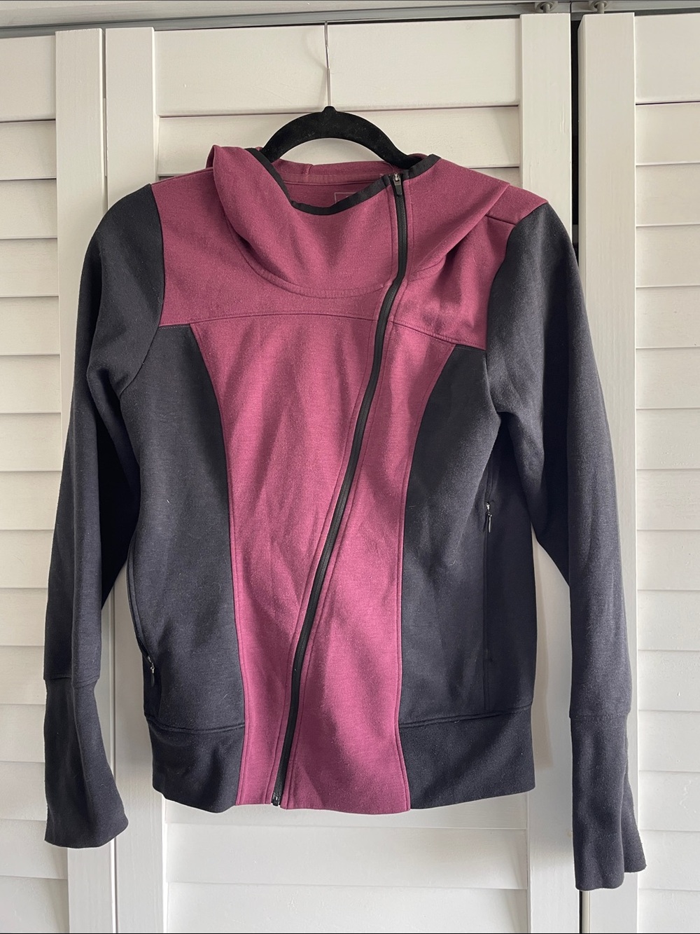 North Face Two-Tone Asymmetric Zip Jacket in Wine and Black